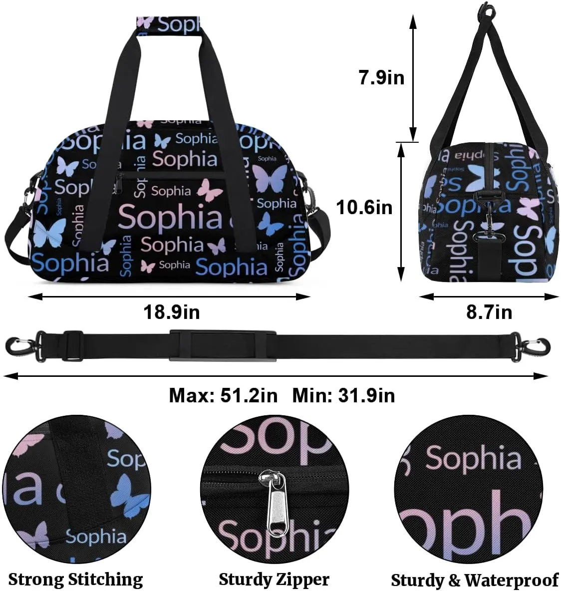 TropicalLife Custom Butterfly Sport Gym Bag Personalized Dance Bag Customized Duffle Bag Travel Duffle Bag for Women Blue Pink Butterfly